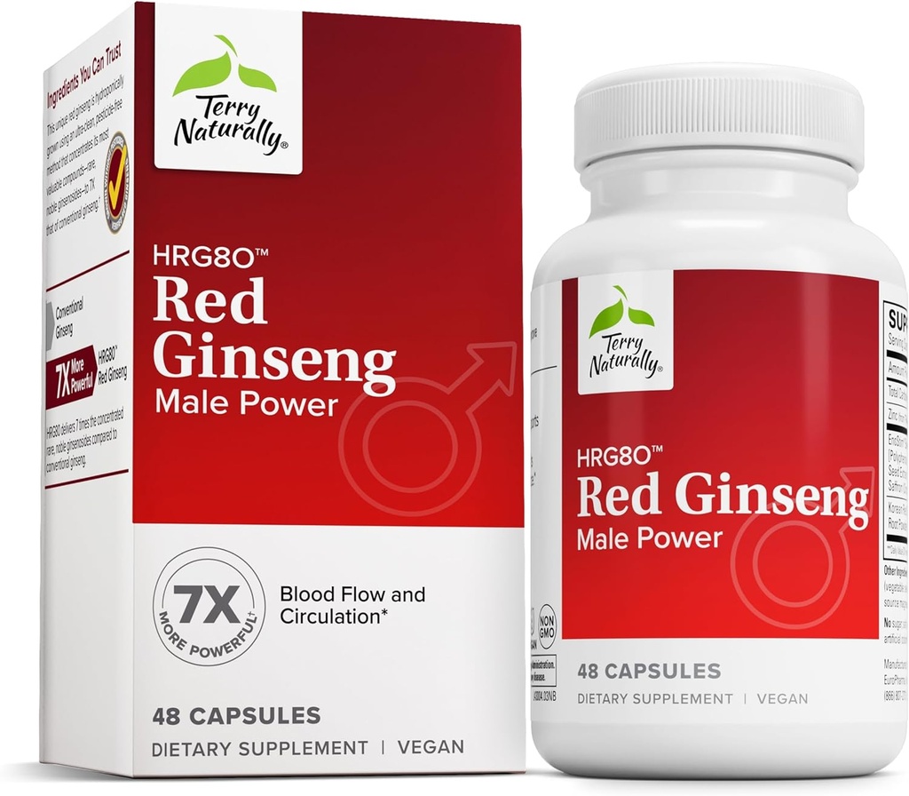 Terry Naturally HRG80 Red Ginseng Male Power - Blood Circulation & Endurance Support Supplement - Dietary Supplement with Ginseng & Zinc - Herbal Supplement for Energy Support - 48 Capsules
