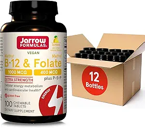 Jarrow Formulas Methyl B-12 1000MCG & Methyl Folate 400MCG,Extra sterkte,Cellulaire energie Metabolisme & Cardiovasculaire gezondheid Formule(1) met P-5-P,100Schoonbare tabbladen, tot 100 dagen Suppl,12Packs
