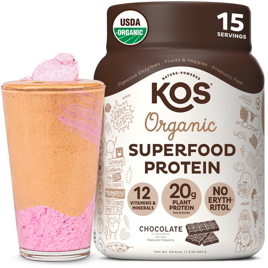 KOS Plant Based Protein Powder, Chocolate USDA Organic - Low Carb Pea Protein Blend, Vegan Superfood with Vitamins & Minerals - Keto, Soy, Dairy Free - Maaltijdenvervanging voor vrouwen en mannen - 15 Servers