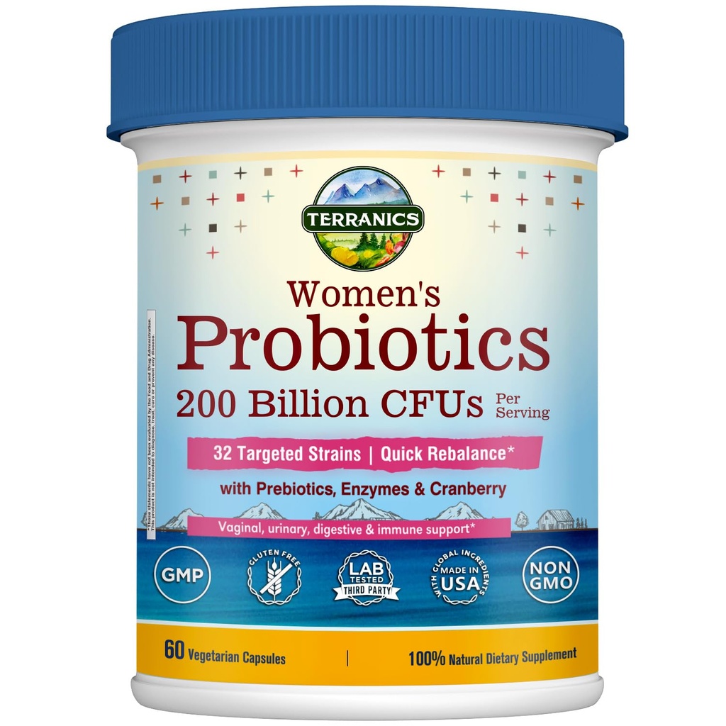 Terranics Daily Probiotics for Women, 200 Miljard 32 Strains Womens Probiotics, with Cranberry, Prebiotics & Enzymes, Rebalance Vaginale Flora & pH, Delayed Release, Shelf Stable, 60 Vegan Caps