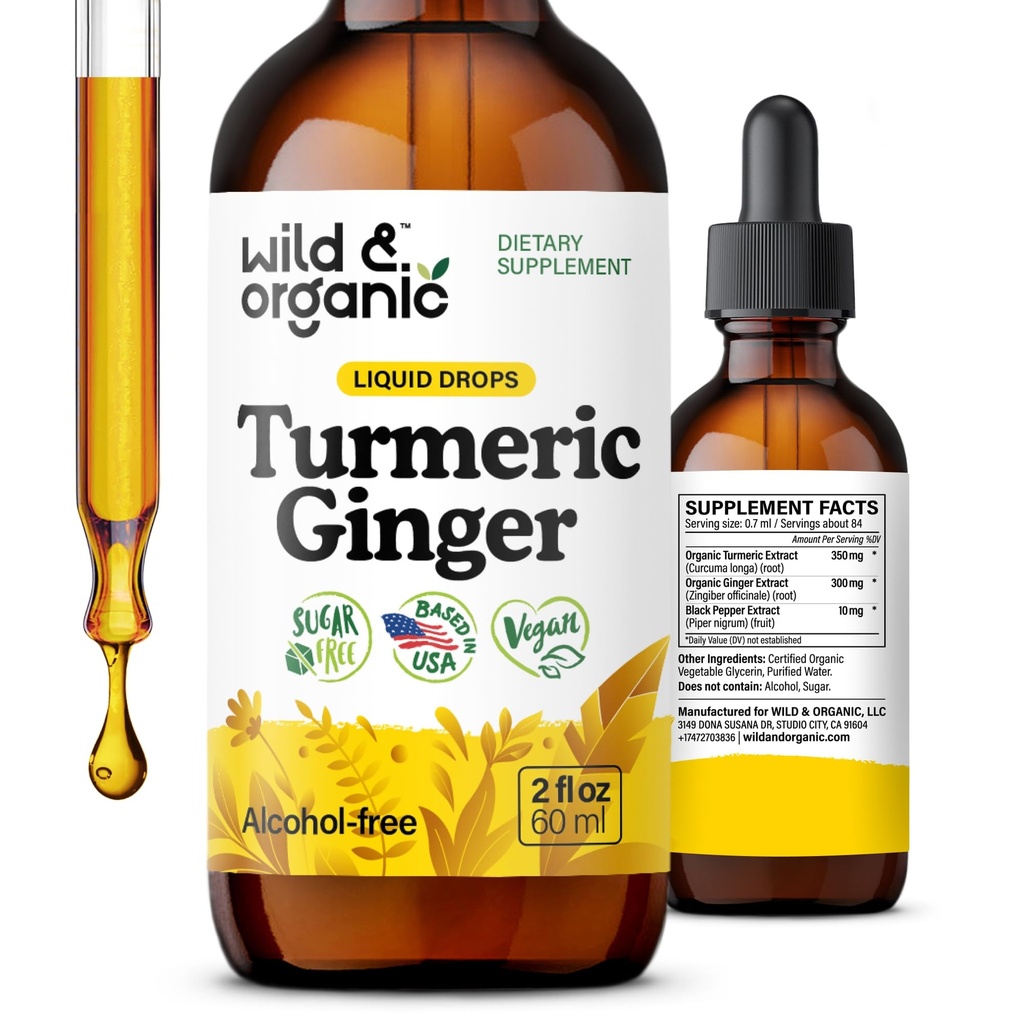 Wild & Organic Turmeric and Ginger Supplement Drops - Joint & Immune Support - Liquid Turmeric with Ginger and Black Pepper Extract - Curcumin Supplement - Vegan, Sugar & Alcoholvrije Tinctuur - 2 oz