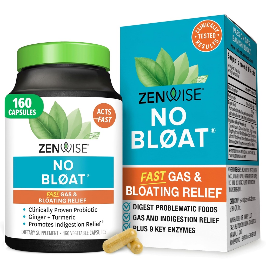 Zenwise Health No Bloat Digestieve Enzymen for Gut Health, Gas & Bloating Relief - Multi Enzymes Digestie Supplement with Probiotics, Ginger, Turmeric Dandelion & Lactase - Mannen & Women - 160 Tel.