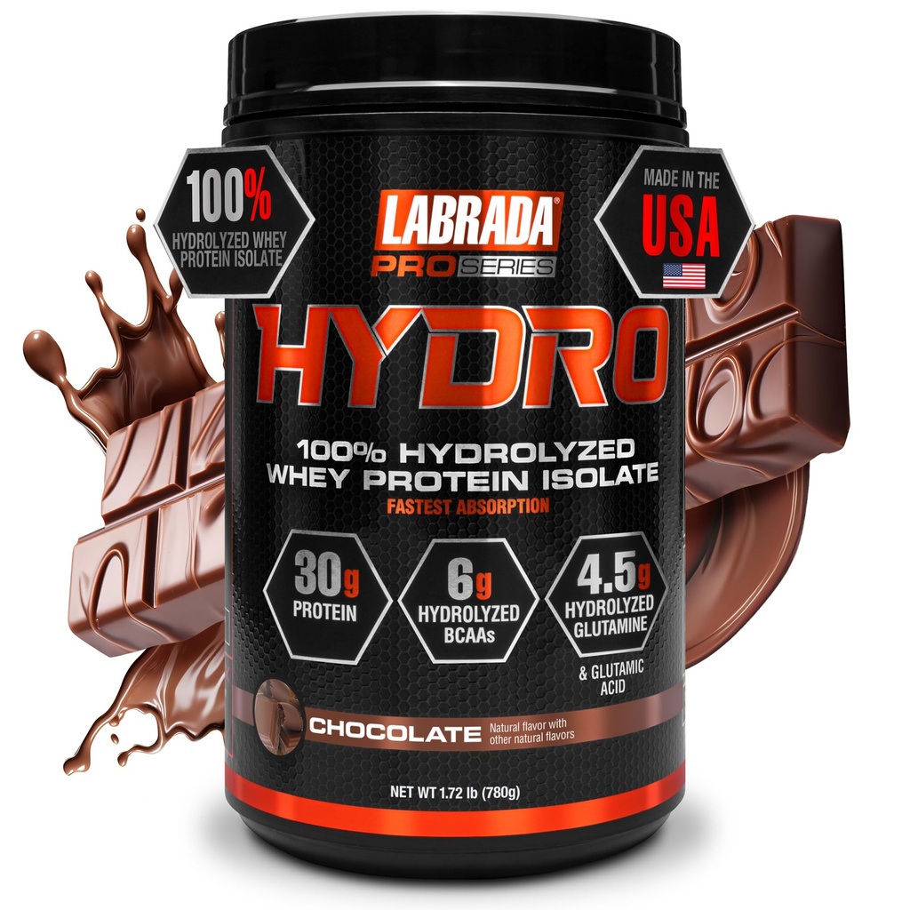 LABRADA Hydro 100% Pure Gehydrolyseerde Wei Proteine Isolaat Poeder, Lactosevrij, Snelste Digeting, Instant Mixing, Heerlijke Smaak 20 Servers(Chocolaat)