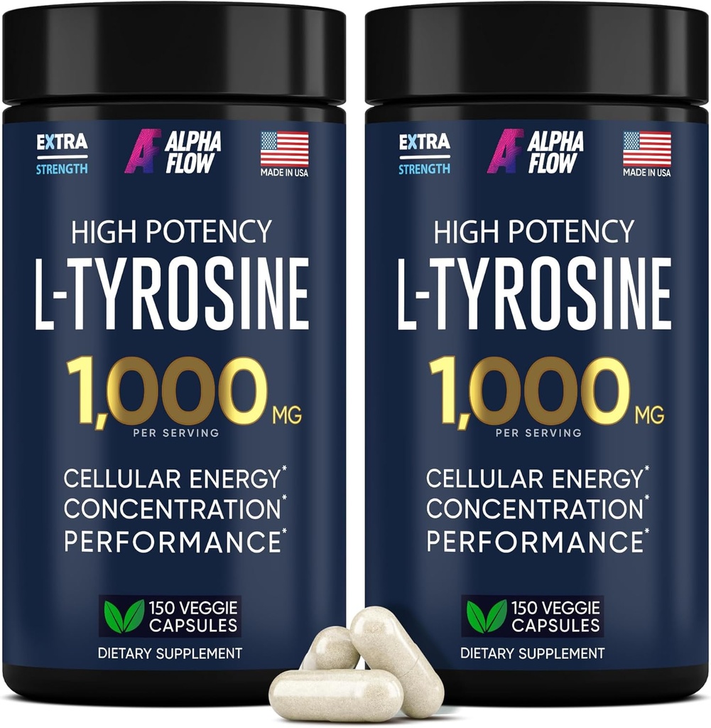 [2 Pack] L-Tyrosine 1000MG Capsules - Natural L Tyrosine Supplement for Kids & Adults - Energy Boost and Brain Supplement - 2x de potentie van L-Tyrosine 500mg capsules - 300 Vegan LTyrosine Capsules