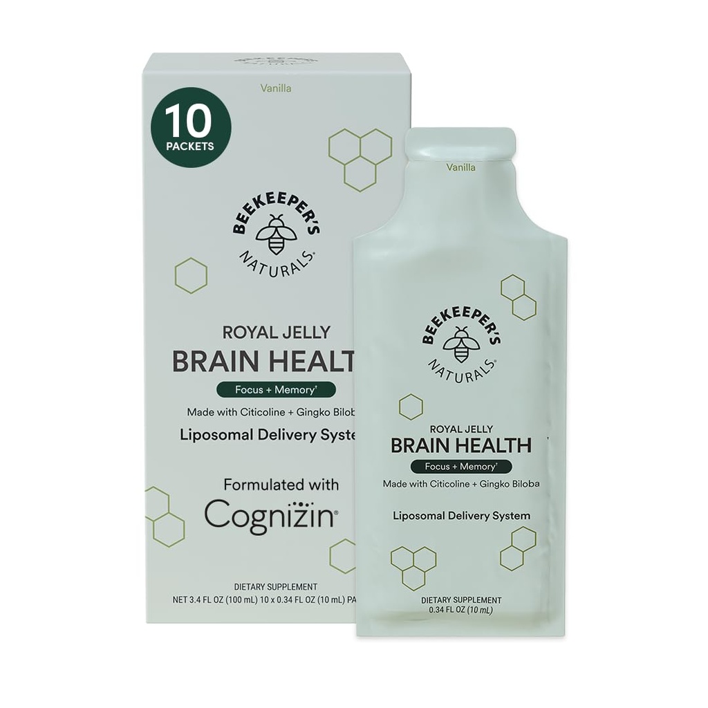 Nootropic Brain supplement by Beekeeper's Naturals, 500 mg Citocoline, Ginkgo Biloba, Bacopa Monnieri & Royal Jelly, Ondersteunt Focus & Memory, gemakkelijker Absorptie, Plus een smakelijke Vanille smaak, 10ct
