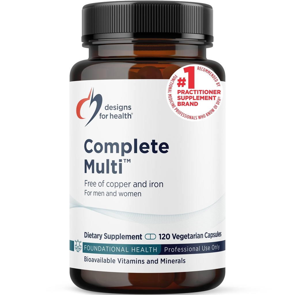 Designs for Health DFH Complete Multi - Uitgebreide Multi Vitamine + Mineraal Supplement met Folaat, 1000 IE Vitamine D, Immuun Ondersteuning Vitaminen - Multivitamine zonder Koper, Geen IJzer (120 Capsules)
