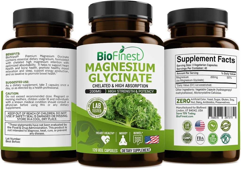 Biofinest Chelated Magnesium Glycinate 200mg Supplement - Healthy Heart Bowel Movement Immune Energy Metabolism Mood Sleep - Made in USA (120 Capsules)