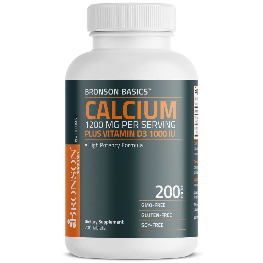 Bronson Calcium 1200mg Per Serving Plus Vitamine D3 1000 IE Hoge Potentie Formule, Non-GMO, 200 Tablets