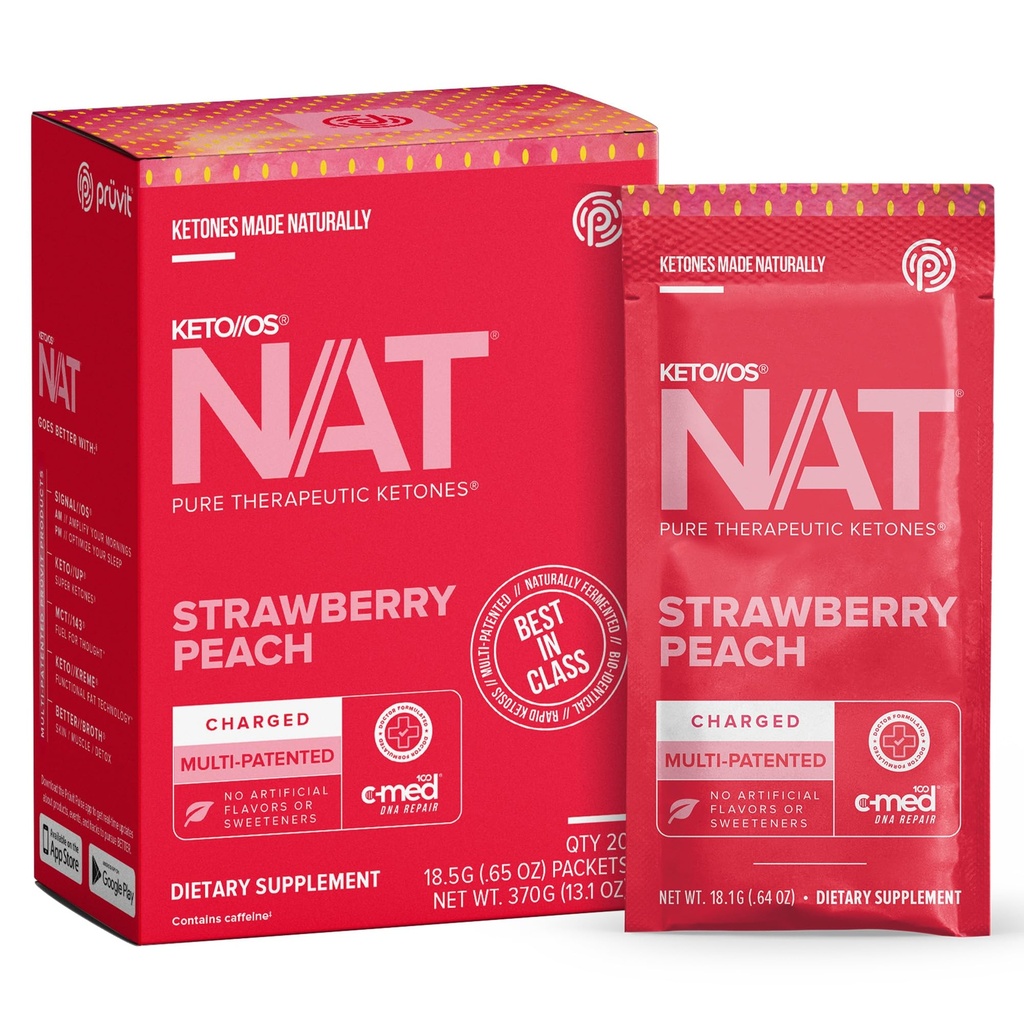 Pruvit - Keto//OS NAT - Strawberry Peach Charged Drink Mix with C-Med 100, L-Taurine, Vitaminen B6 & B12, Ketone Supplement - 18,5g