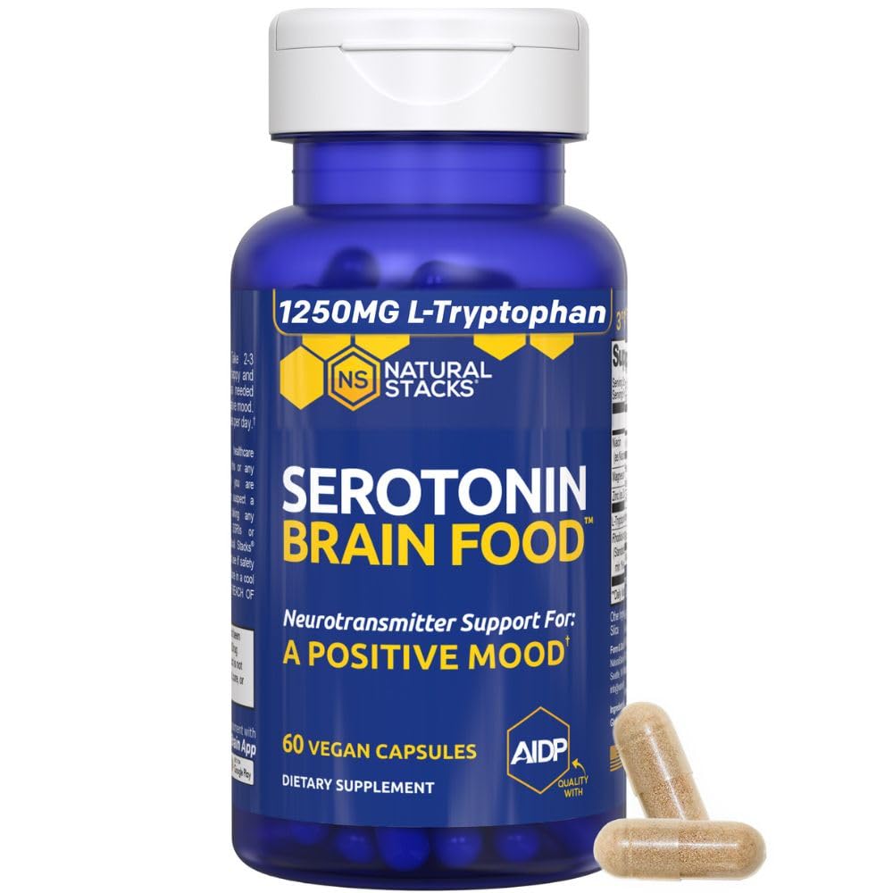 Serotonine Brain Food - 1250mg L-Tryptofaan & 400mg Rhodiola Rosea Supplement - Mood Support Supplement for Stress Relief - Neurotransmitter Ondersteuning met Magnesium Glycinate & Zink - 60 Capsules