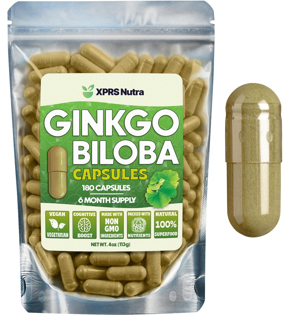 XPRS Nutra Ginkgo Biloba Capsules - Gingko Biloba Encapsulated Supplements for Cognition - Vegan Friendly Ginkoba Biloba - Immunity Boosting Ginkgo Biloba Capsules - 180 Tel.