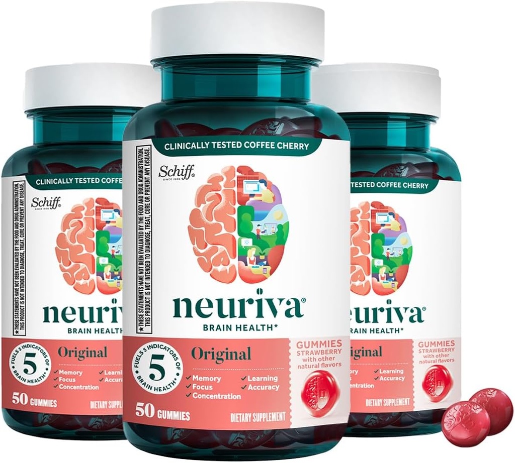 Neuriva Original Brain Health Support Strawberry Gummies (50 Count), Hersenondersteuning met Fosfatidylserine & cafeïnevrije, klinisch bewezen koffie Cherry (pakket van 3)