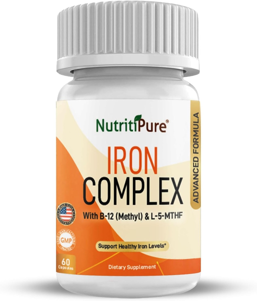 IJzercomplex, Complete Blood Building Iron Vegetarian Capsules with Non-contipating Carbonyl Iron, Quatrefolic, B12, B6 & Vitamin C, for Women & Men (60 caps)