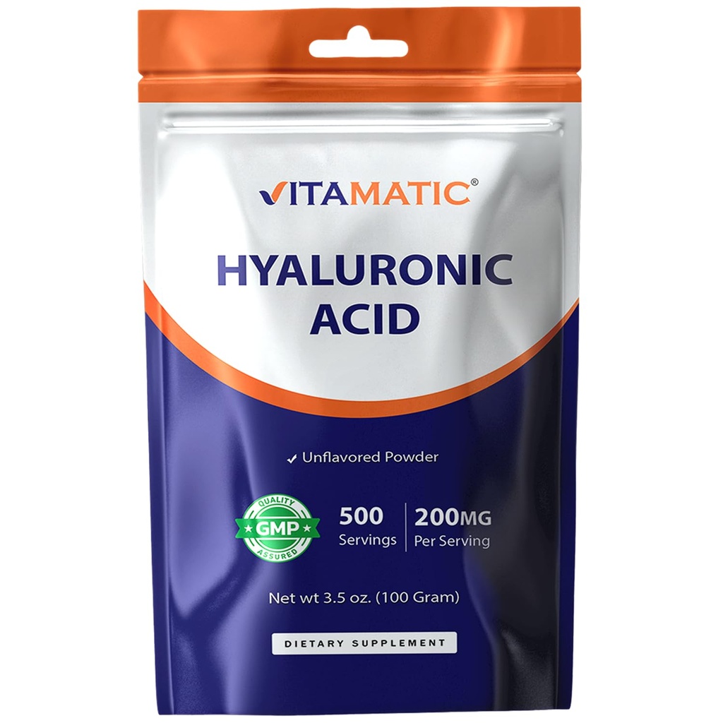Vitamatic Hyaluronic Acid Powder 200mg - Ondersteunt gezonde Connective Weefsel en gewrichten - Bevorderen Jeugdige gezonde huid - 100 Gram