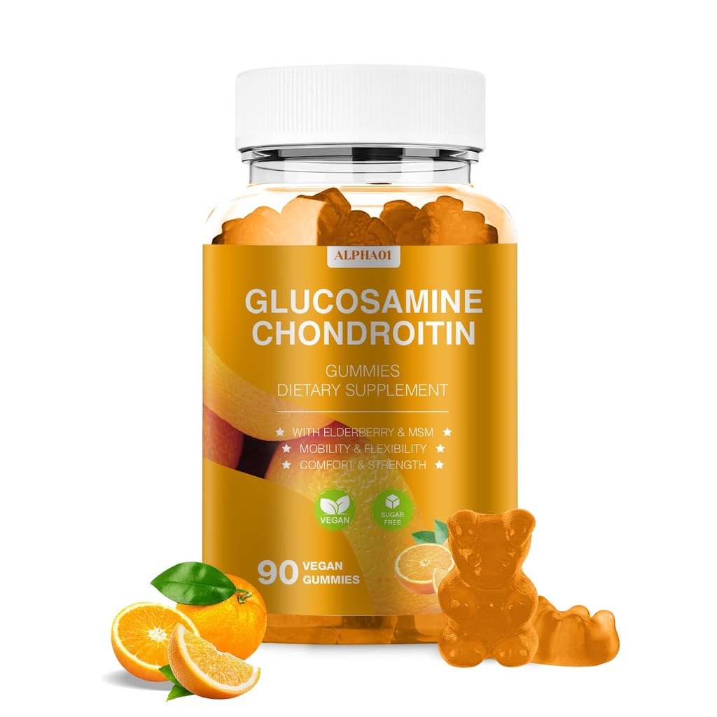 Glucosamine Chondroitin Gummies - 3000MG Extra sterkte Joint Support Supplement met MSM & Vlierbes, Flexibiliteit, Antioxidant Immune Support Gummy voor volwassenen, mannen en vrouwen - 90 Oranje Gummies