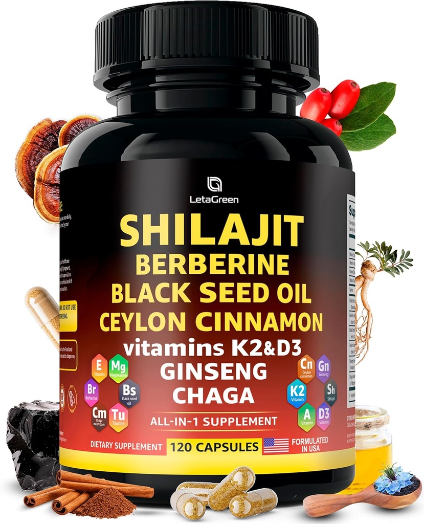 Biologische Himalaya-Shilajit-capsules met zwarte zaadolie Berberine kaneel Ginseng Chaga & Taurine & Vitamin A, E, D3, K2 (120 Count) - All-in-1 Fulvinezuur-Shilajit voor mannen en vrouwen