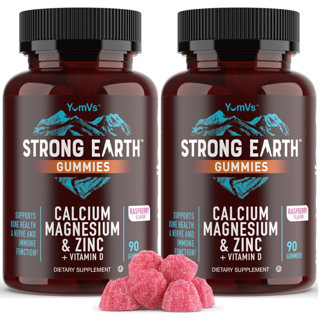 YUM-V'S Calcium, Magnesium, Zink & Vitamine D Gummies, Cal Mag Kauwbare Supplement, Vegetarische Kosjer Halal Natuurlijke Raspberry Flavor Gummies voor Volwassenen Vrouwen & Mannen - 90 Tellen (pakket van 2)