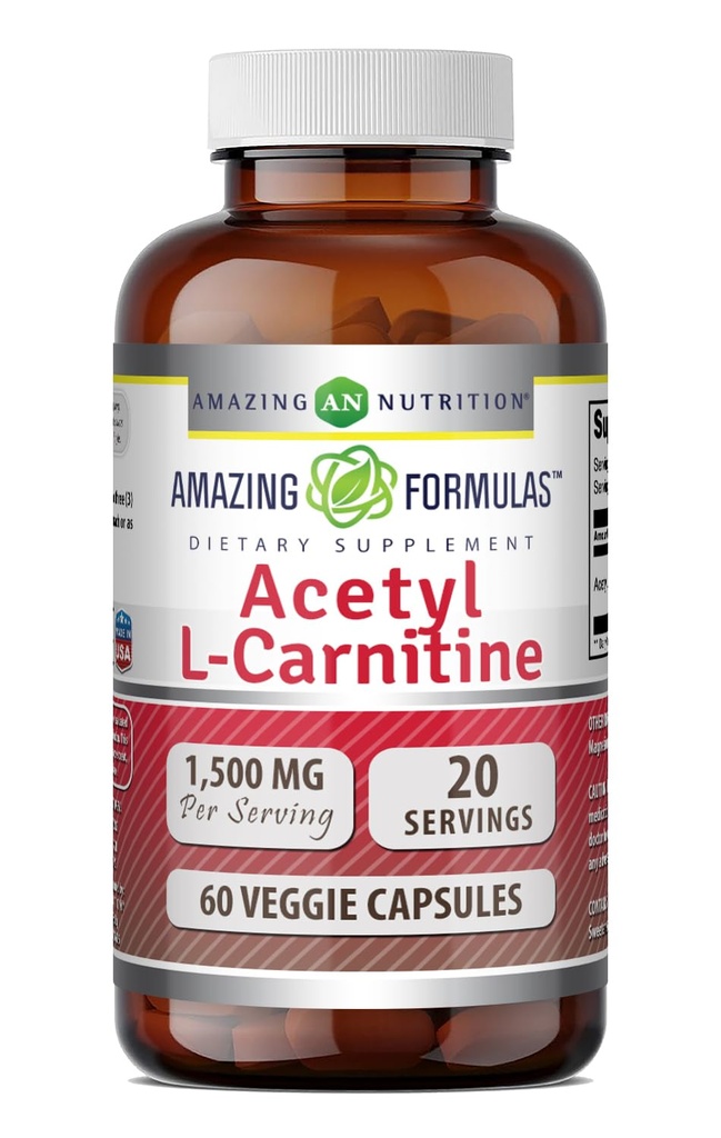 Verbazingwekkende formules Acetyl L-Carnitine Hcl Veggie Dieetsupplement - 500 Mg, Veggie Capsules (Niet GGO,Glutenvrij) Per fles - bevordert energieproductie en cognitieve functie (60 Tel.)
