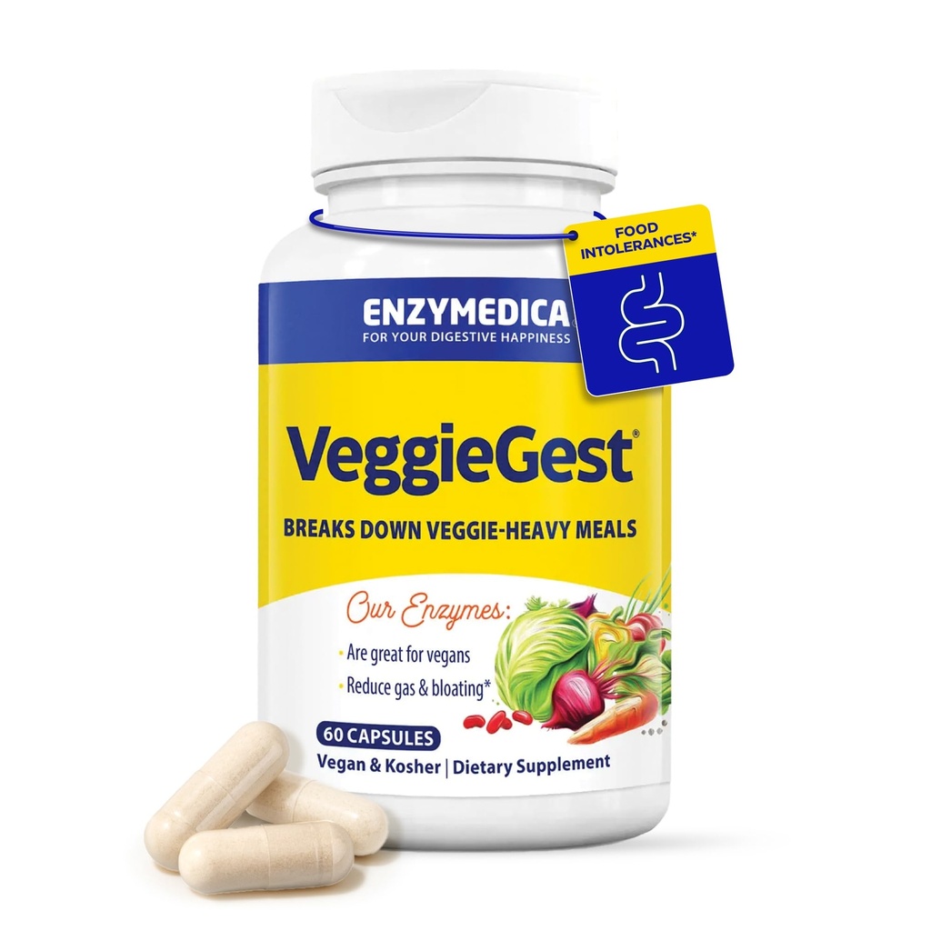 Enzymedica, VeggieGest, Digestieve Enzymen, Ondersteunt Occasional Gas & Bloating Relief van High Fiber Meals, voor Vegan & Vegetarian Diets, Enzyme Blend voor Digestieve Gezondheid, 60 Tel.