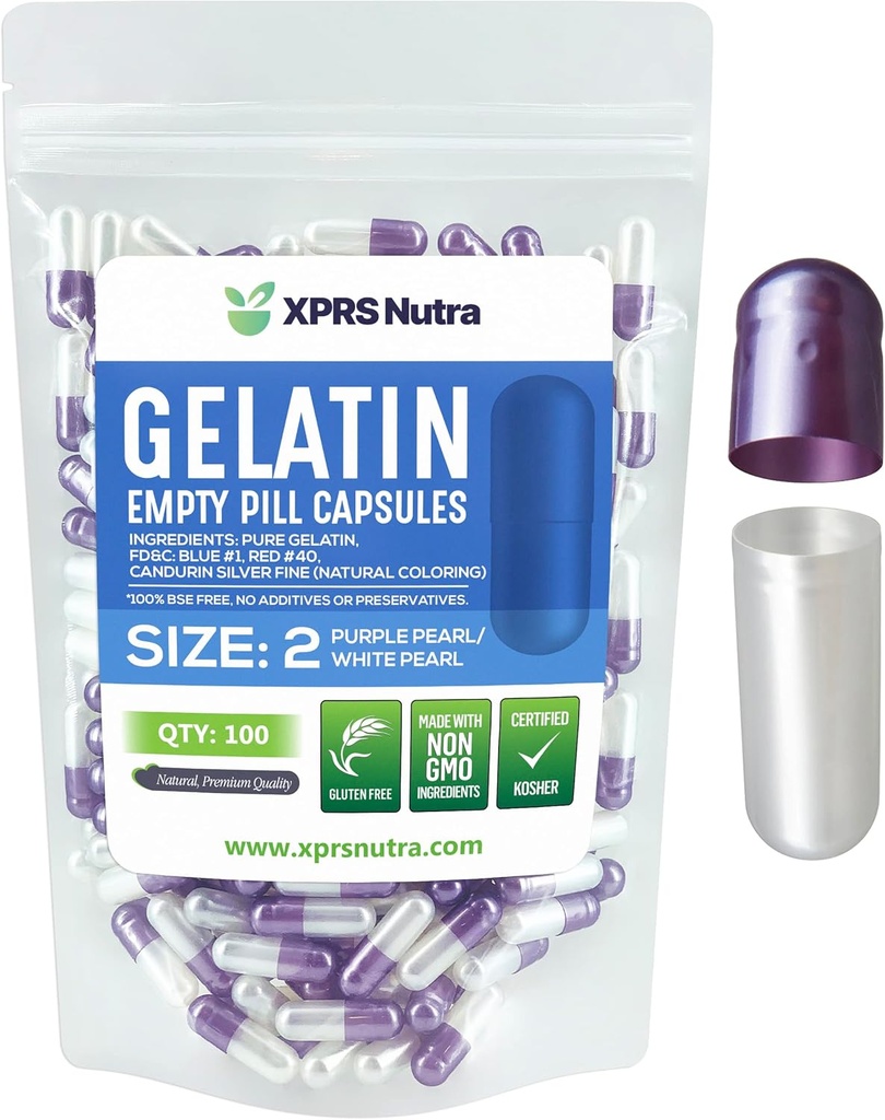 XPRS Nutra Maat 2 Lege capsules - 100 Telle Lege Gelatine Capsules - Pillen DIY Capsule Vulling - Pure Bovine Pill Gel Caps for Do-It-Yourself Supplements (Pearl Purple/White)