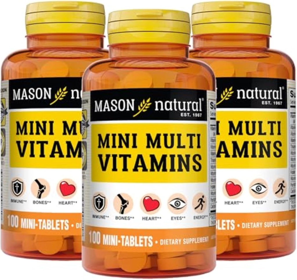 MASON NATUURLIJKE Mini Multivitaminen, Vitaminen A, C, D3, E, B1, B2, B3, B6, B12, Folaat en Calcium voor algehele gezondheid, 300 dagen levering