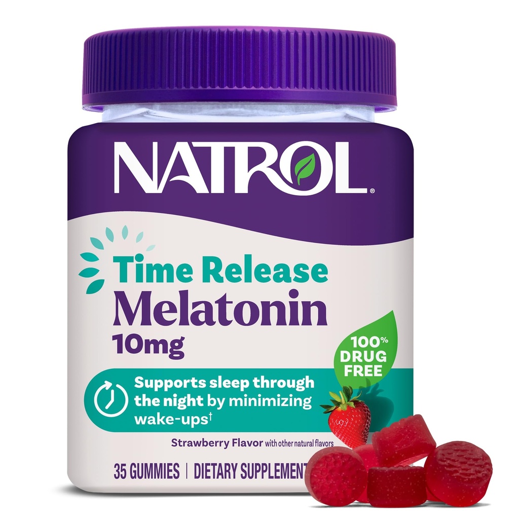 Natrol 10 mg Melatonine Gummies, Time Release Slaap Gummies voor volwassenen, Minimize Wake Ups, Aardbei-gearomatiseerd, 35 Telling, 35 Dag Supply