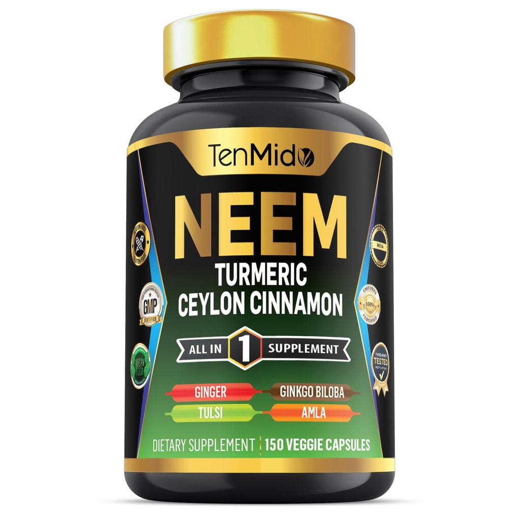 Neem Leaf Supplement - 8in1 Formule - Combineer met Kurkuma, Ceylon Cinnamon, Ginger, Tulsi, Ginkgo Biloba, Amla en Black Pepper - Immune Health Support - 150 Vegan Capsules