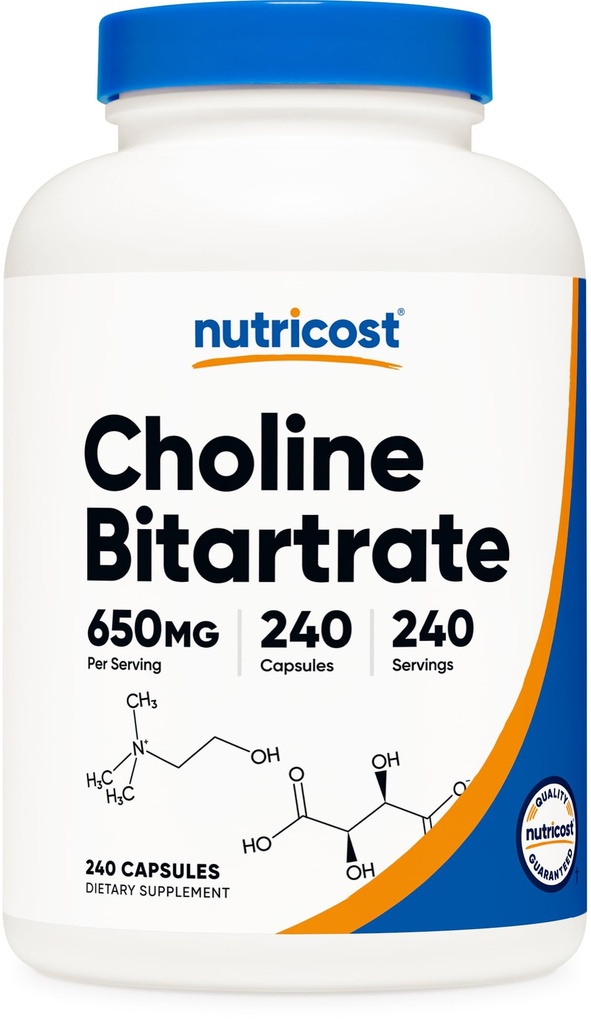 Nutricost Choline Bitrartraat 650mg, 240 Vegetarische Capsules - Niet-GMO, Vegetarisch Vriendelijk, Glutenvrij