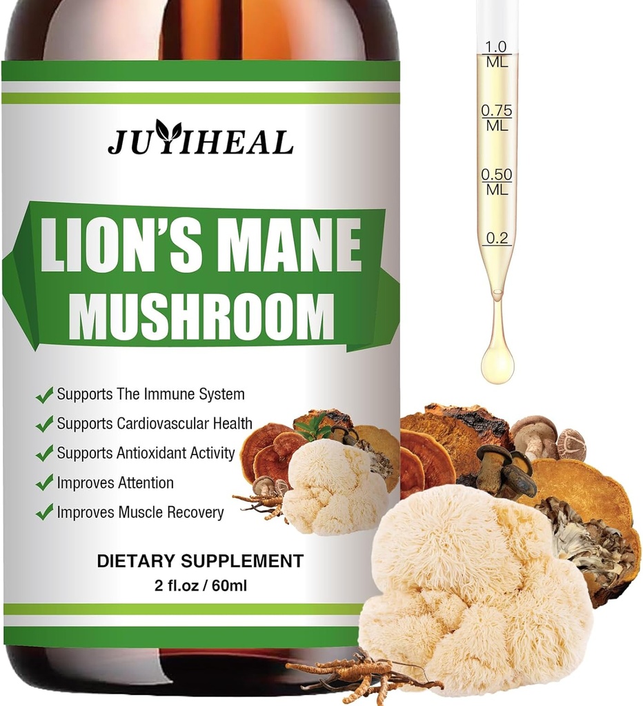 Lions Mane Liquid - Hersenondersteuning, energie, geheugen & focus - Sugar & alcohol-vrije Lions Mane Supplement - 2 Fl OZ, 2 maand levering