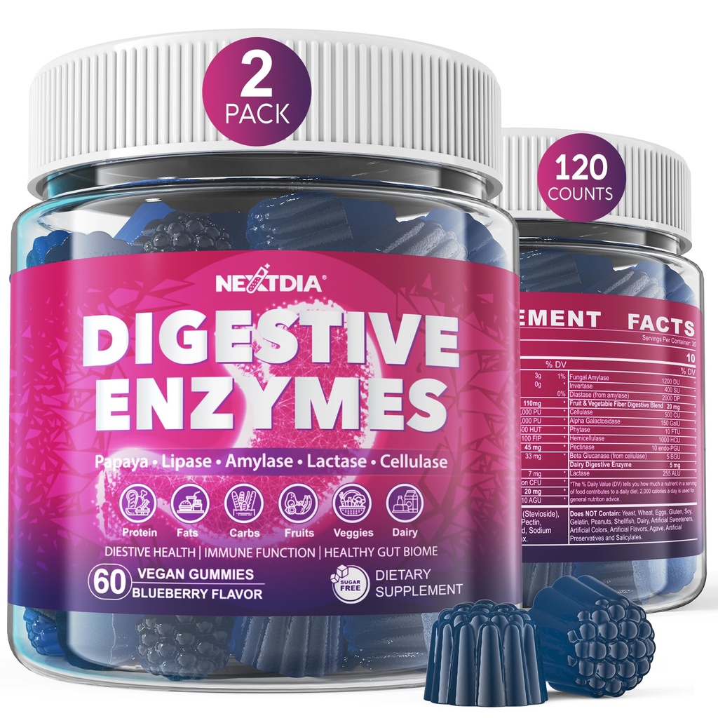 Digestieve enzymen voor vrouwen en mannen Gummies w/ Probiotica, Papaya, Bromelain, Ginger - Bloating Relief & Gut Health Kauwbare Supplement Digest Proteïnes Dairy Carbs Veggies Fats, Sugar Free Vegan, 120Cts