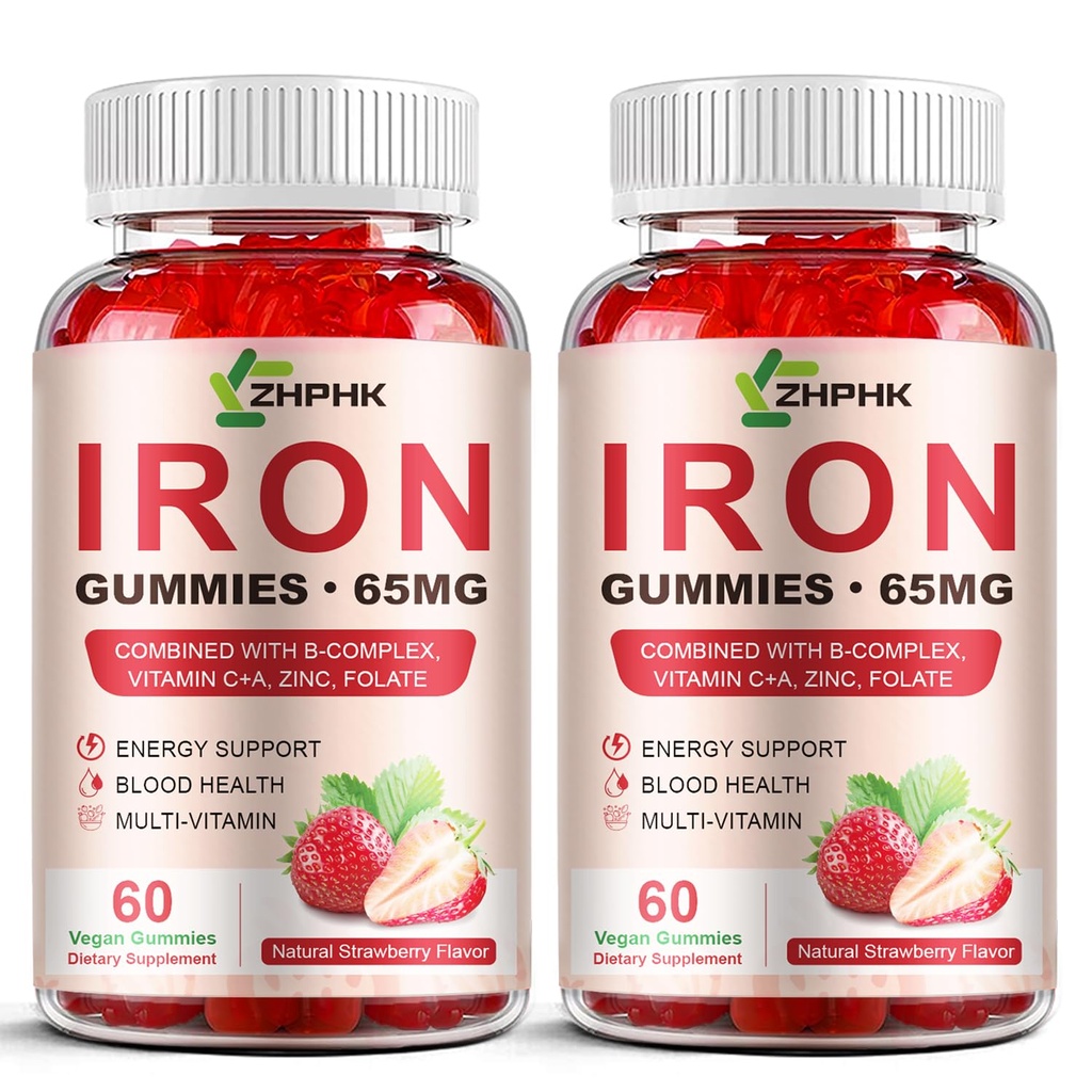 IJzersupplement Gummies for Women, Men & Kids, 65mg Iron & 250mg Vitamin C per Serving - Healthy Blood, Energy & Immune Support Iron Vitamin Gummy with Folate, 2 Pack