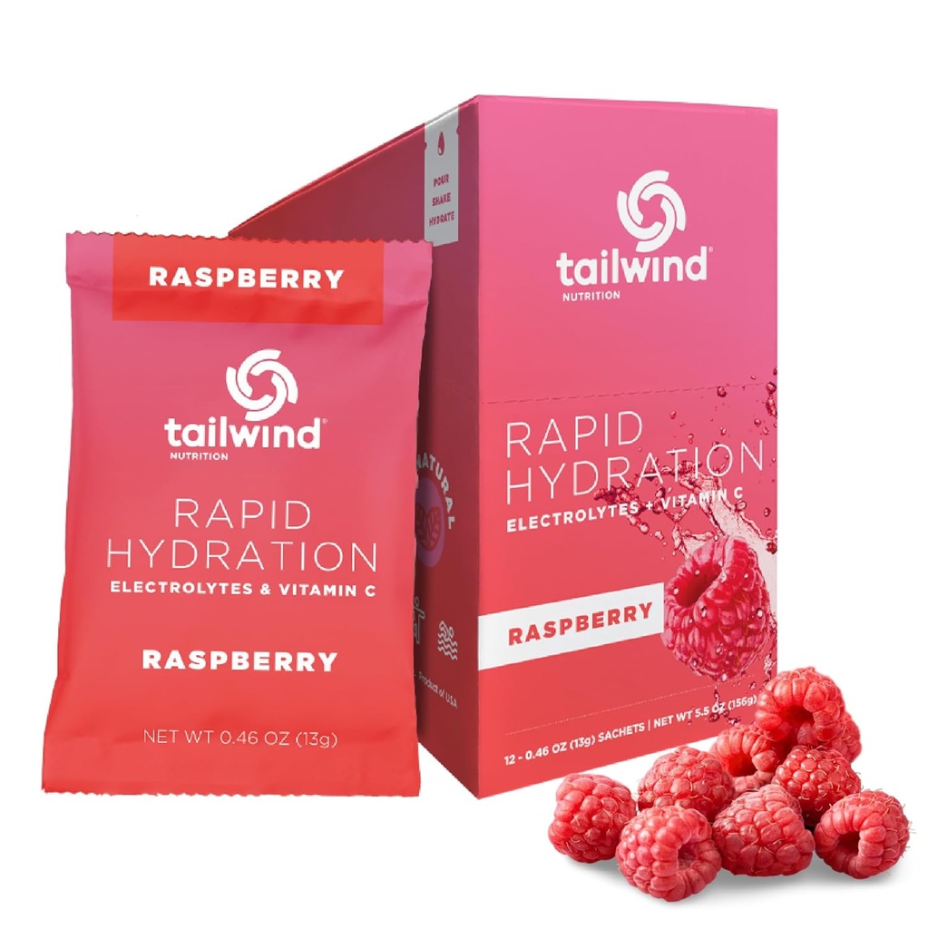 Restwind Voeding Snelle hydratatie, Elektrolyt & Hydration Powder, Vitamine C & Sea Salt Oefening mix, Raspberry, Pack van 12 Sticks