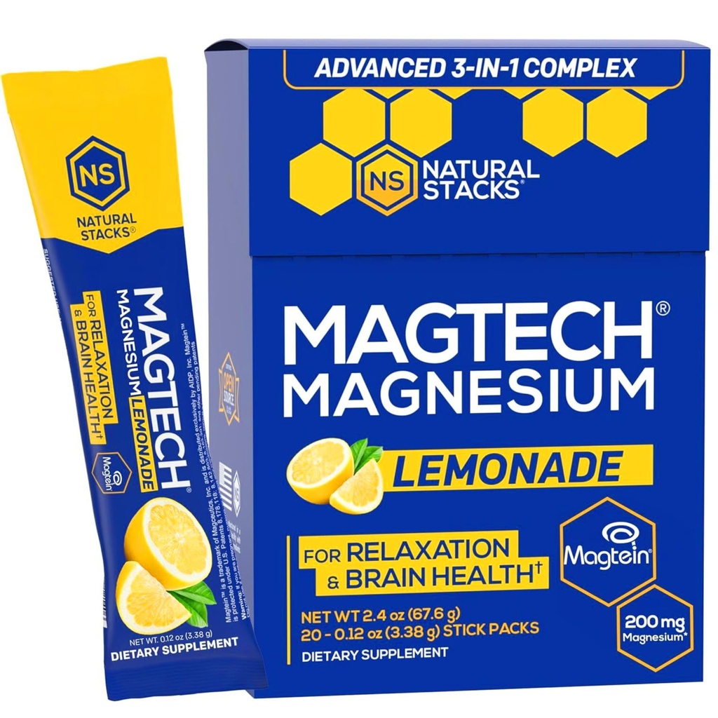MagTech Magnesium Drink Mix - Suikervrije Limonade - 3 vormen van Magnesium: Magtein L-Threonate, Glycinate & Taurate - 200mg Gecheleerd Magnesium Complex - Ondersteunt Ontspanning & Brain Health - 20 porties
