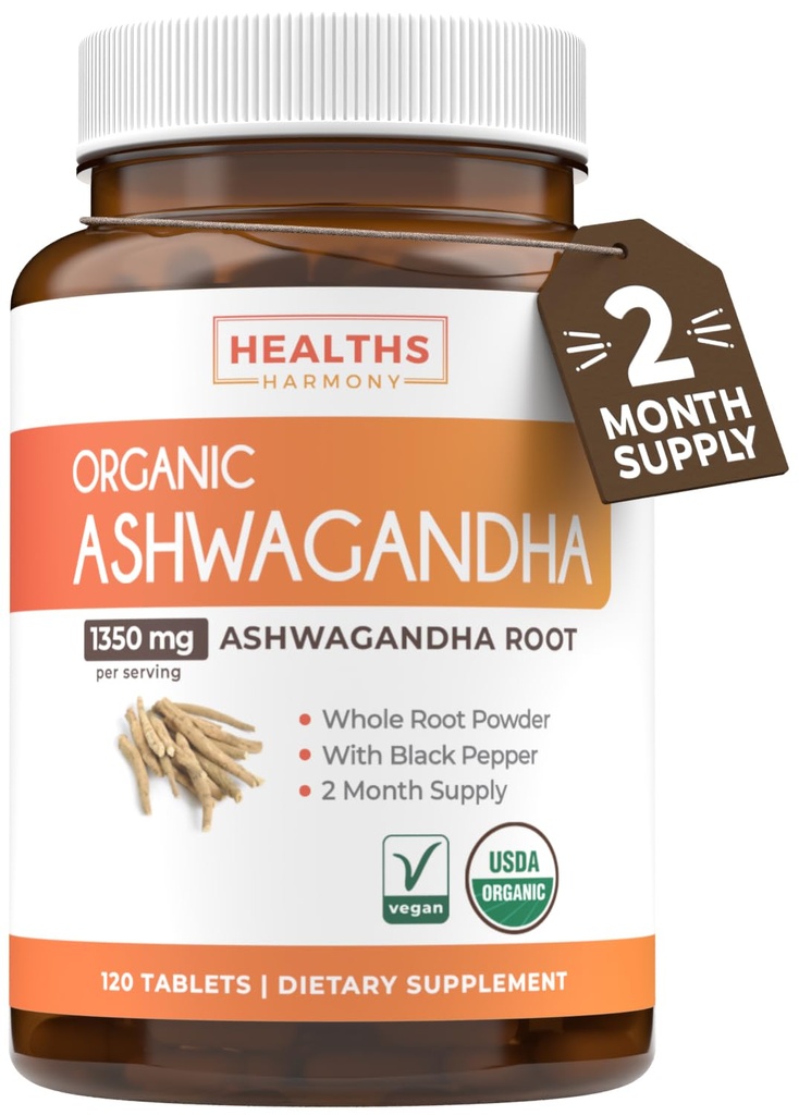 USDA Organic Ashwagandha Supplement - High Potency Ashwagandha Pills Made with Organic Black Pepper for Enhanced Absorptie - Vegan Non-GMO Made in the USA & Lab Verified (2 months Supply)