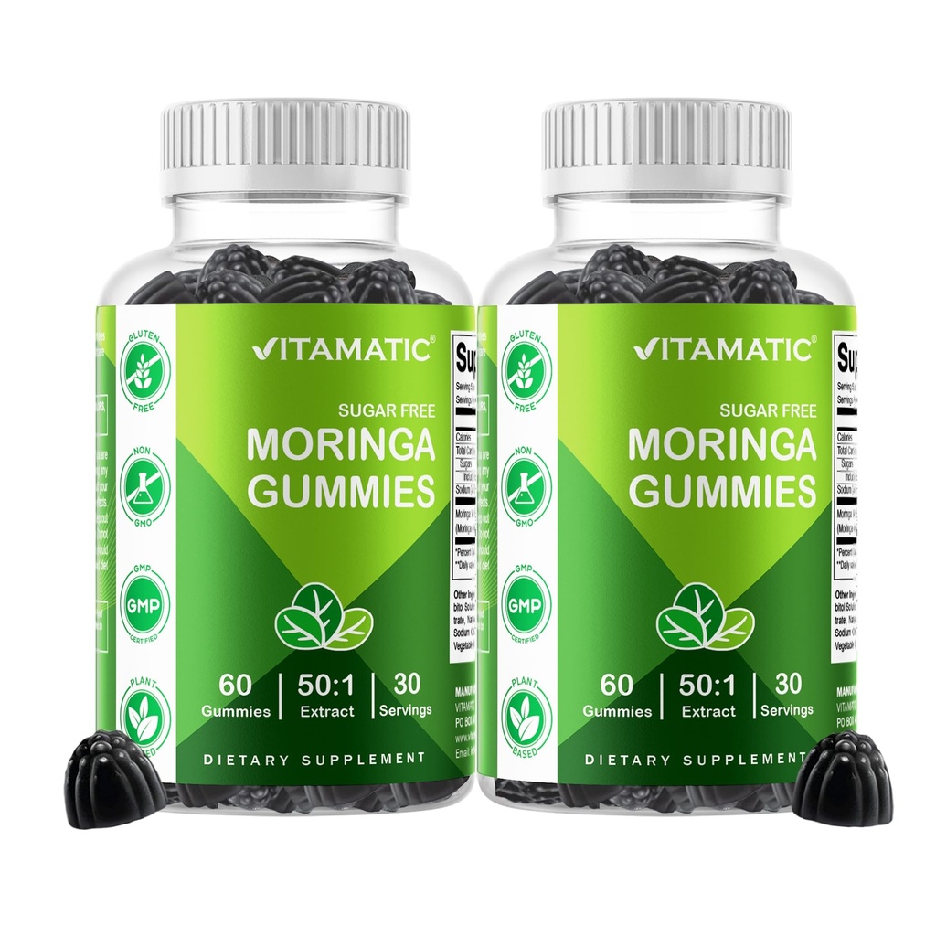 Vitamatic 2 Packs Sugar Free Moringa Gummies- 10000 mg Equivalent per portie (vanaf 50:1 Extract 200 mg)- Complete Green Superfood 20X Extract - 60 Pectin Based Gummies
