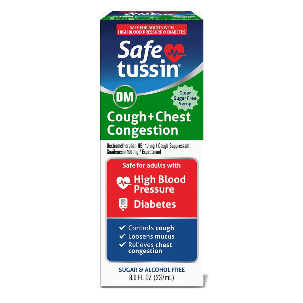 Safetussin DM Hoest & Borstcongestie, 8 oz, Expectorant Mucus Relief, Cough Relief Syrup, Veilig voor volwassenen met hoge bloeddruk en diabetes