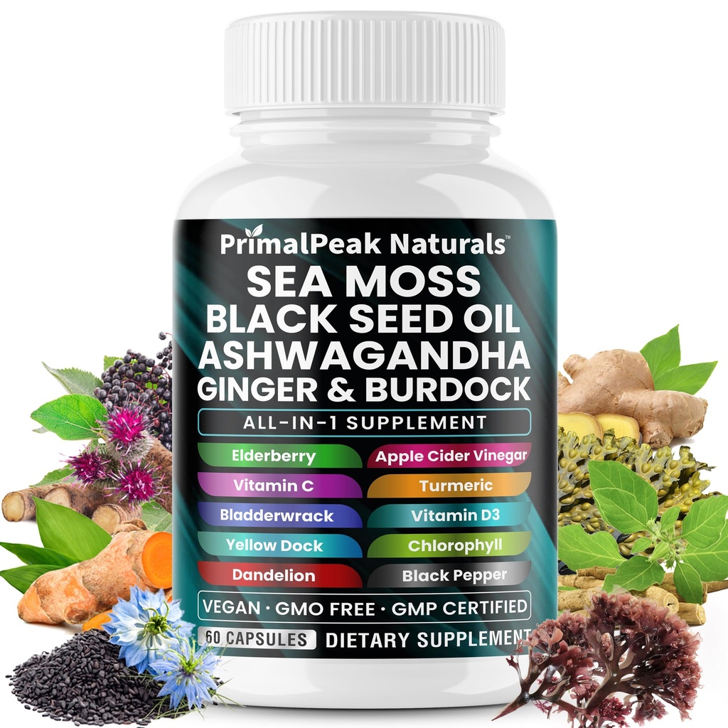 Sea Moss Black Seed Oil Ashwagandha Ginger Burdock Bladderwrack Kurkuma & Vitamine C Vitamine D3 met ACV Vlierbes Chlorofyll Dandelion Yellow Dock Vegan Capsules - 60 Tel.