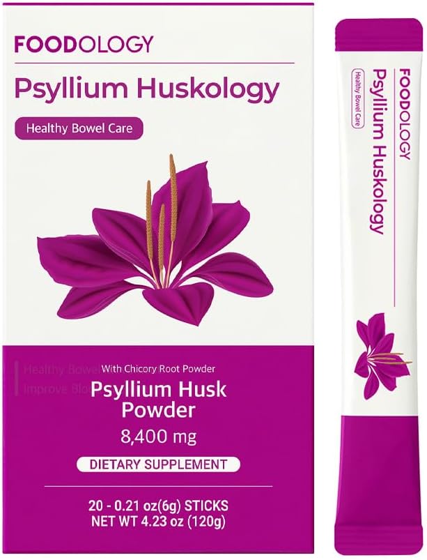 FOODOLOGY Psyllium Huskology (20 Sticks, 10 Days) - Herbal Psyllium Husk Supplement for Constipation Relief, Gut Health. Plant-Based Dietary Fiber, Maximum Strength 7,200mg.