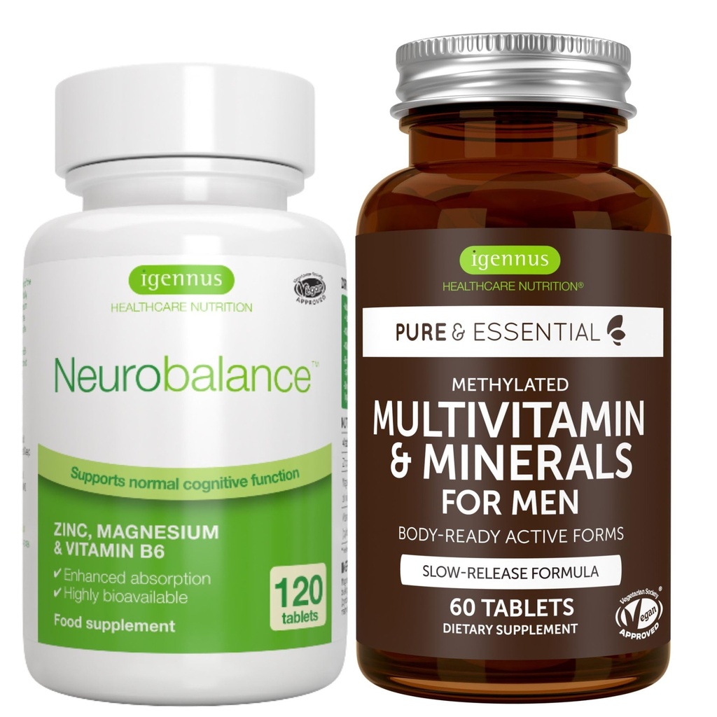 Neurobalans + Multivitamine & Mineralen voor mannen Vegan Bundle, Hoge Absorptie Zink, Magnesium & B6 Supplement + Aanhoudende Release Multivitamine door Igennus