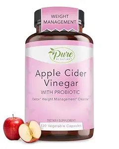 Pure By Nature Apple Cider Vinegar + Probiotic for Women & Men, Raw Apple Cider Vinegar Pillen voor Weight Management Ondersteuning en Reiniging Ondersteuning (120 Capsules)