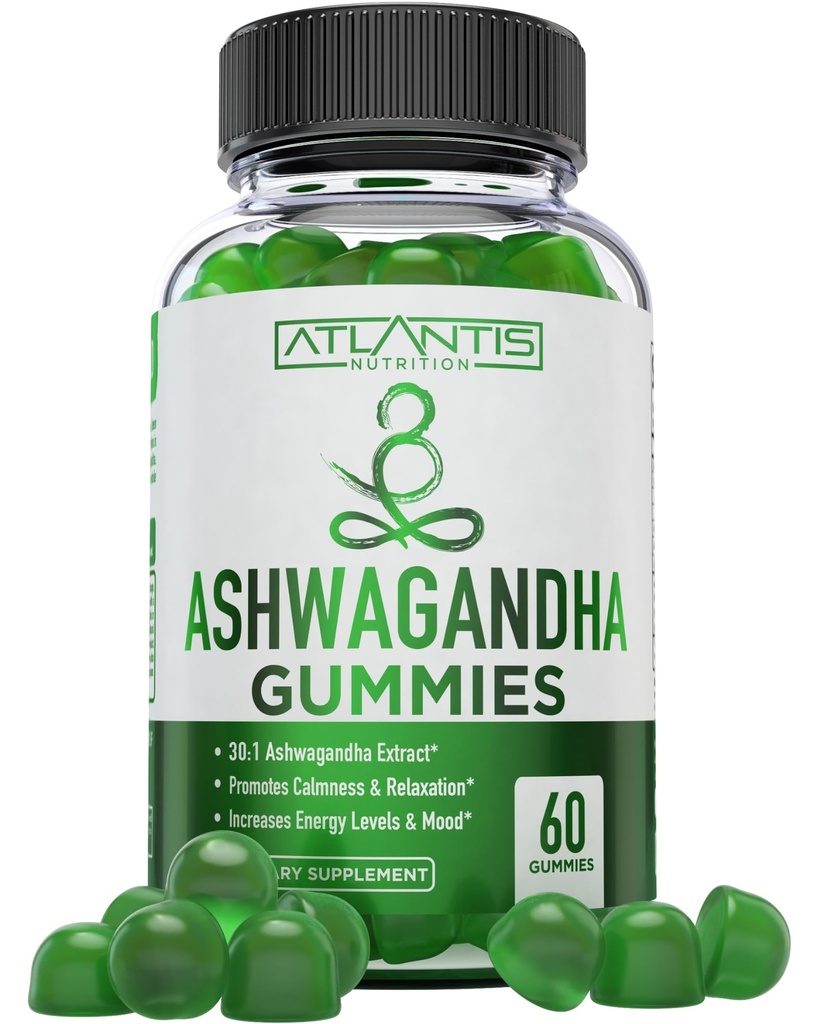 Atlantis Nutrition Ashwagandha Gummies - 1500 MG Per Serving - Bevordert kalmte, verbetert Mood, verhoogt energieniveaus en versterkt het immuunsysteem - Geformuleerd met vitamine D & Zink - Vegan 60 Tel.