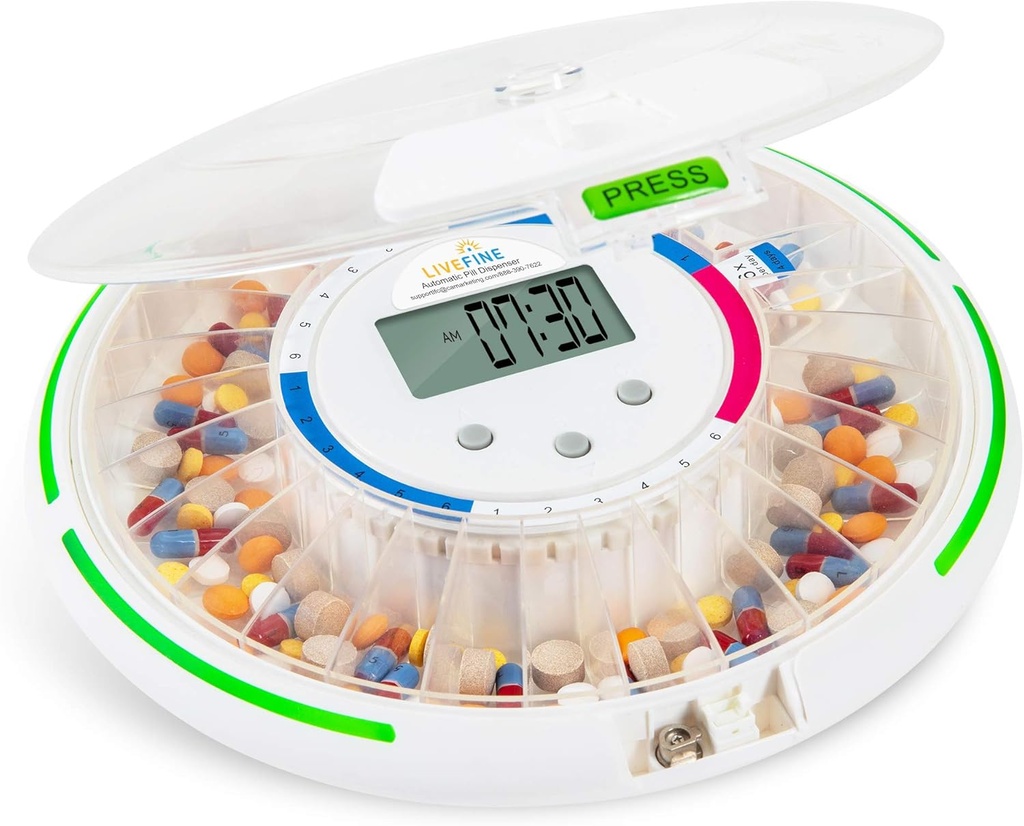 Live Fine Automatic Pill Dispenser met 28 dagen elektronische medicatie Organisator, 6 doseringssjablonen, Easy-Read LCD display, geluid & licht waarschuwingen & sleutel voor