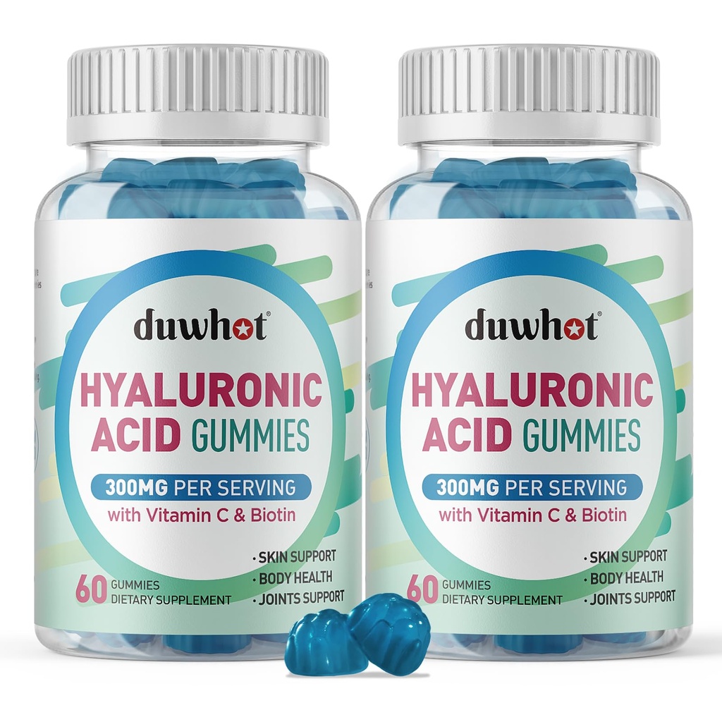 Hyaluronzuur Gummies, Hyaluronzuur Supplementen met vitamine C & Biotin 5000mcg voor huid, haar, nagels gezondheid, gewrichten supplementen voor vrouwen & mannen, lage suiker, Vegan, niet-GMO, 60 Counts