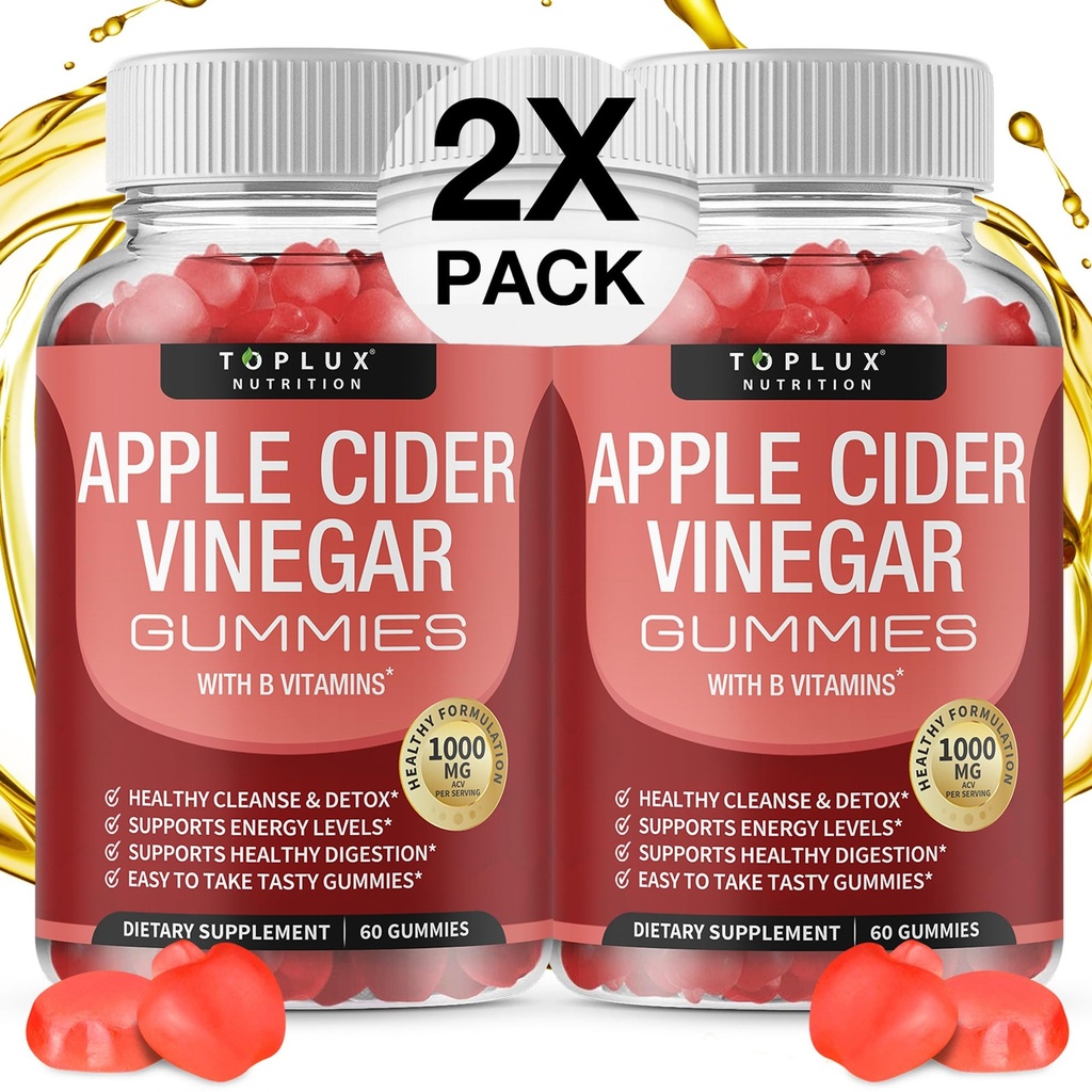 Toplux Apple Cider Vinegar Gummies - 1000mg ACV met B12, Beetwortel, Granaatappel voor Immune System, Detox & Cleanse, Gummy alternatief voor Apple Cider Vinegar Capsules, voor Heren Vrouwen 2X Pack