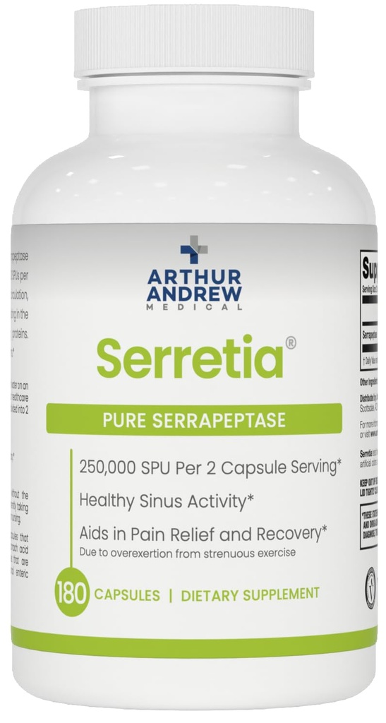 Arthur Andrew Medical, Serretia, Serrapeptase Formule voor spier- en sinusondersteuning, 180 capsules