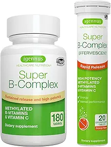 Super B-complex bundel, 180 Sustained-Release Tablets & 20 Orange Flavor Bruistabletten voor snelle energie onderweg, door Igennus