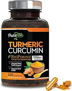 Kurkuma Curcumine Supplement met BioPerine 1950mg, 95% Gestandaardiseerde Curcuminoïden - Black Pepper voor geavanceerde absorptie, Herbal Joint Support Complex, Nature's Tumeric Extract Non-GMO - 120 Capsules