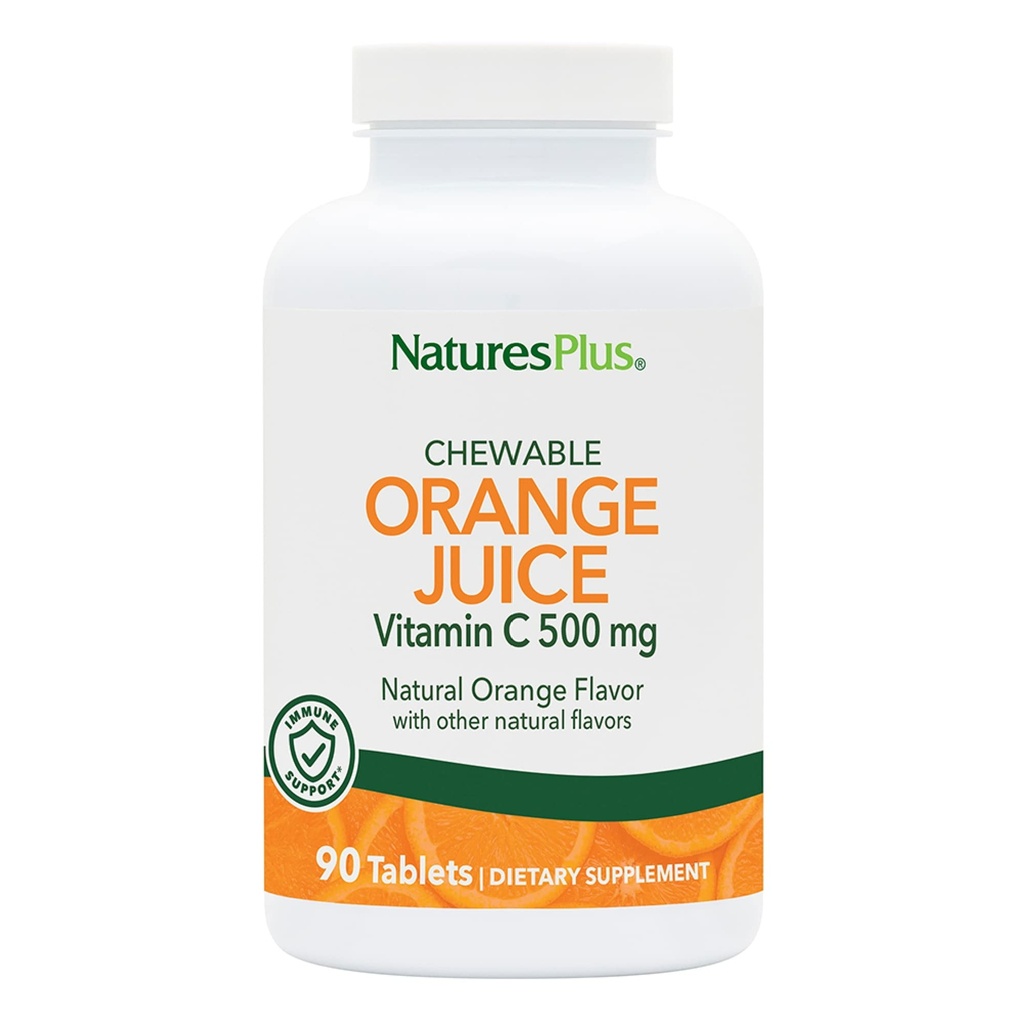 Natures Plus Orange Juice Kauwbare vitamine C - 500 mg, 90 tabletten - High Potency Immune & Vascular Health Support Supplement, Antioxidant - Zacht op de maag - Vegetarisch, Glutenvrije - 90 porties