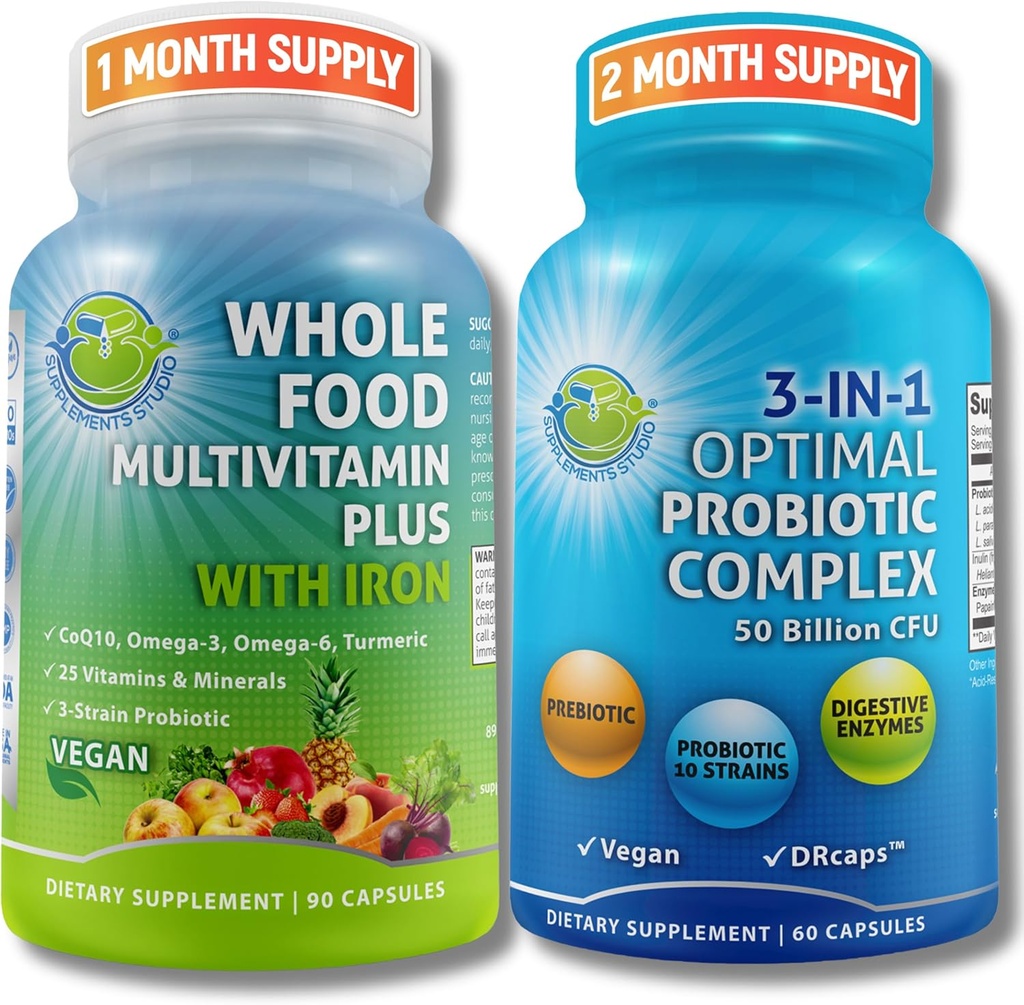 Gut & Immune Health Bundle - 3-in-1 Probiotic (50 miljard CFU, 10 stammen) met digestieve enzymen & Prebiotica & Vegan Whole Food Multivitamine met ijzer verrijkt met vruchten & Veggies - Vegan, Non-GMO