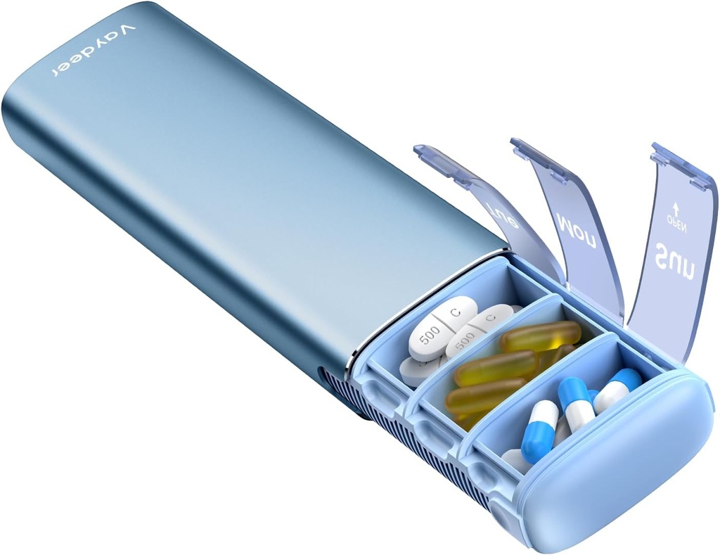 Vayadeer Metal Travel pil Organizer, 7 Dagen Week pil Box, Grote Capaciteit Dagelijkse leuke pil geval voor supplementen, pillen, vitamines en medicijnen (klein, blauw)